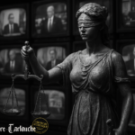 Justitia mit verbundenen Augen vor Fernsehmonitoren – Symbolbild zur staatlichen Wahrheitsdefinition