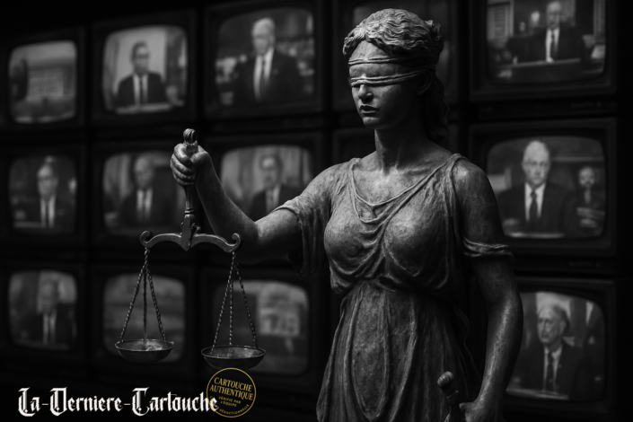 Justitia mit verbundenen Augen vor Fernsehmonitoren – Symbolbild zur staatlichen Wahrheitsdefinition