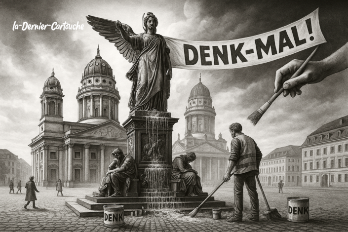 © 2025 La Dernière Cartouche / Illustration: Arion „Denkmal!“ – Symbolbild zur Debatte um Erinnerungskultur und Cancel Culture. Rechte vorbehalten. Keine Verwendung ohne schriftliche Genehmigung.