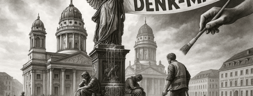 © 2025 La Dernière Cartouche / Illustration: Arion „Denkmal!“ – Symbolbild zur Debatte um Erinnerungskultur und Cancel Culture. Rechte vorbehalten. Keine Verwendung ohne schriftliche Genehmigung.