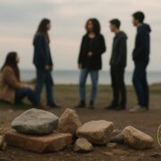 Steine im Vordergrund, dahinter eine junge Gruppe in ruhiger, offener Landschaft.