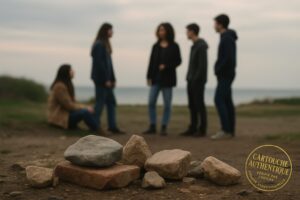 Steine im Vordergrund, dahinter eine junge Gruppe in ruhiger, offener Landschaft.
