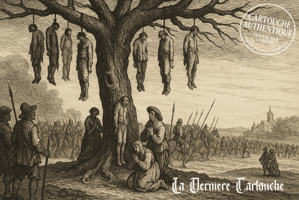 „La Pendaison“ – die Hängung. Ein Galgenbaum, an dem Zivilisten baumeln, während im Hintergrund die Soldaten weiterziehen, im Querformat