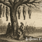 „La Pendaison“ – die Hängung. Ein Galgenbaum, an dem Zivilisten baumeln, während im Hintergrund die Soldaten weiterziehen, im Querformat
