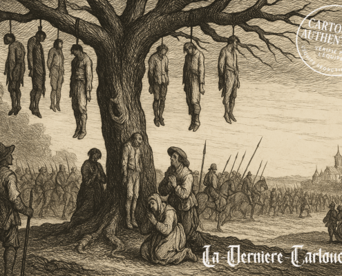 „La Pendaison“ – die Hängung. Ein Galgenbaum, an dem Zivilisten baumeln, während im Hintergrund die Soldaten weiterziehen, im Querformat