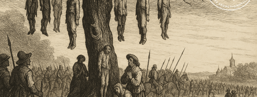 „La Pendaison“ – die Hängung. Ein Galgenbaum, an dem Zivilisten baumeln, während im Hintergrund die Soldaten weiterziehen, im Querformat