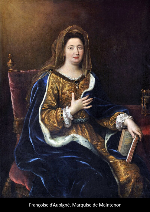 Françoise d’Aubigné, Marquise de Maintenon als Heilige Franziska (1694). Gemälde von Pierre Mignard. Sie trägt, wie die Mitglieder des Hauses Bourbon, einen hermelingefütterten blauen Mantel, allerdings ohne die üblichen Bourbonenlilien.