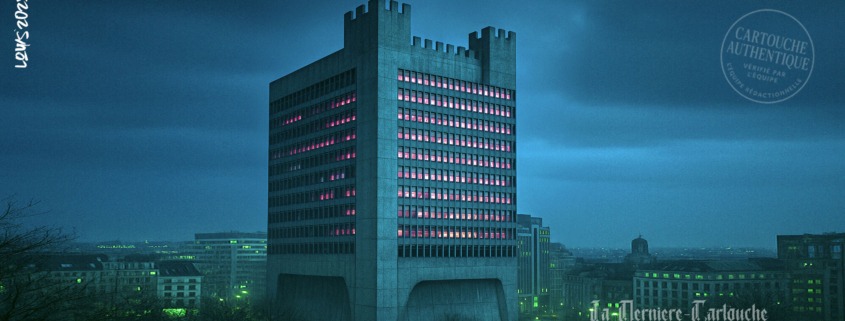 Das Berlaymont als Burg, digitale Illustration – Betonfestung über nächtigem Brüssel, Purpurlicht in den Fenstern