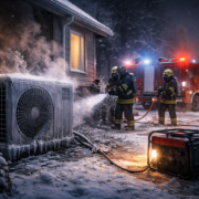 Feuerwehr sichert eine vereiste Wärmepumpe bei winterlichem Stromausfall, ein Notstromaggregat versorgt das Gerät in nächtlicher Kälte.