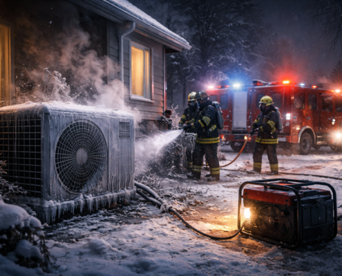 Feuerwehr sichert eine vereiste Wärmepumpe bei winterlichem Stromausfall, ein Notstromaggregat versorgt das Gerät in nächtlicher Kälte.