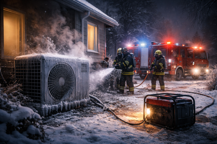 Wärmepumpe im Kriseneinsatz – Winterlicher Stromausfall und Notstromversorgung Feuerwehr sichert eine vereiste Wärmepumpe bei winterlichem Stromausfall, ein Notstromaggregat versorgt das Gerät in nächtlicher Kälte.